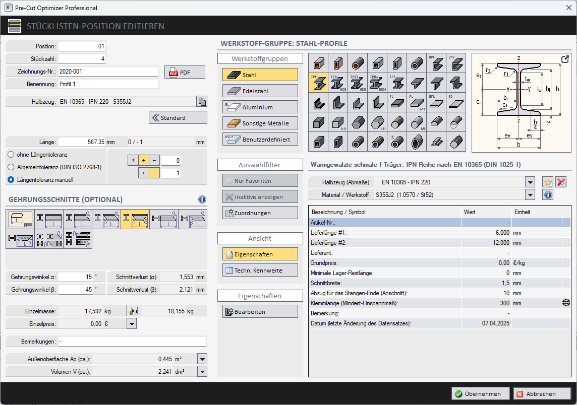 Pre-Cut Optimizer - Stücklistenposition bearbeiten